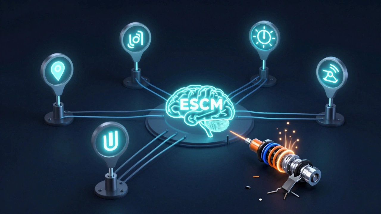 A conceptual diagram of a car's electronic suspension system with data streams flowing to a central control module.