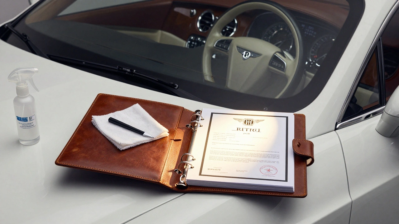 A leather-bound service log and RTA certificate beside a pristine Bentley, with detail tools and flawless interior showing zero wear.