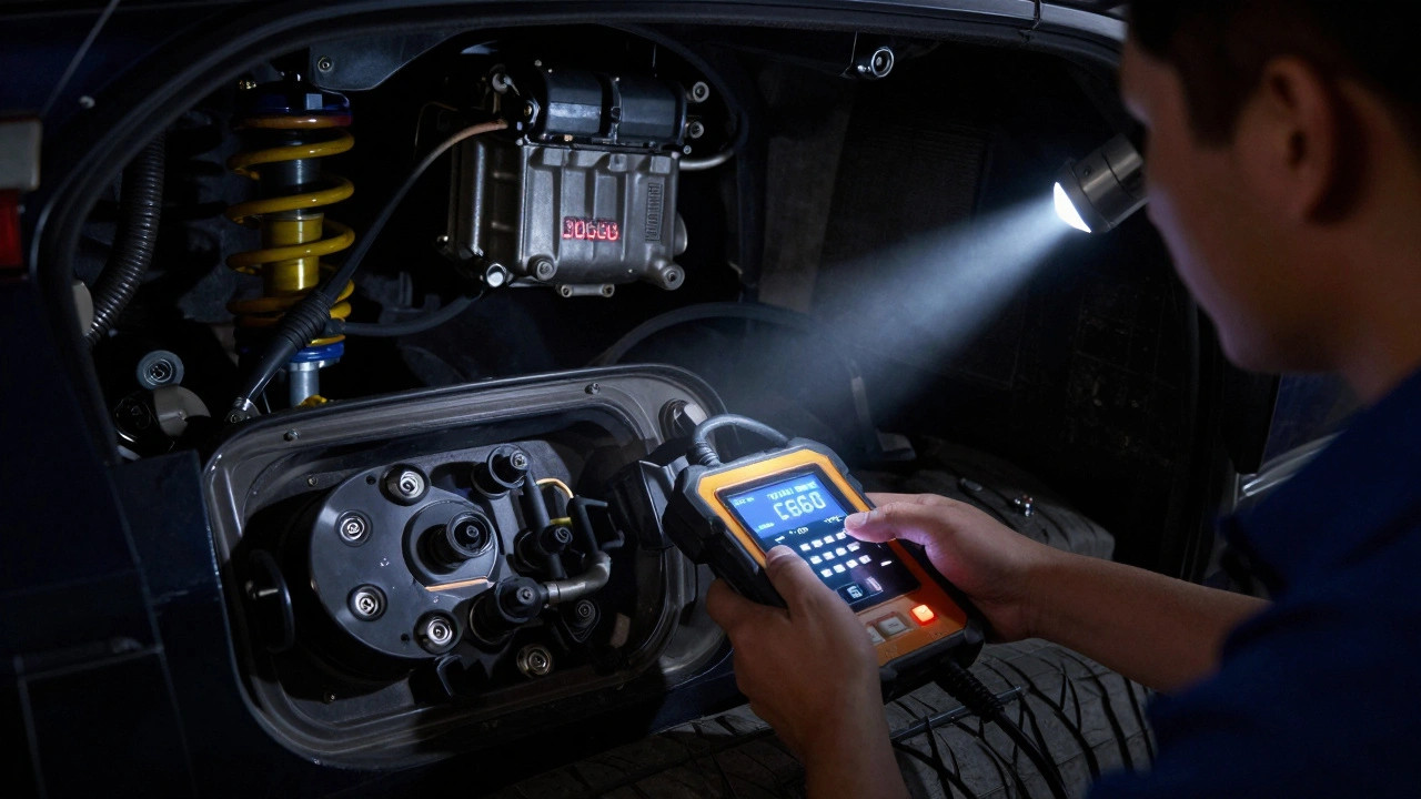A technician using a scan tool to diagnose suspension codes on a car at night, with flashlight illuminating the undercarriage.