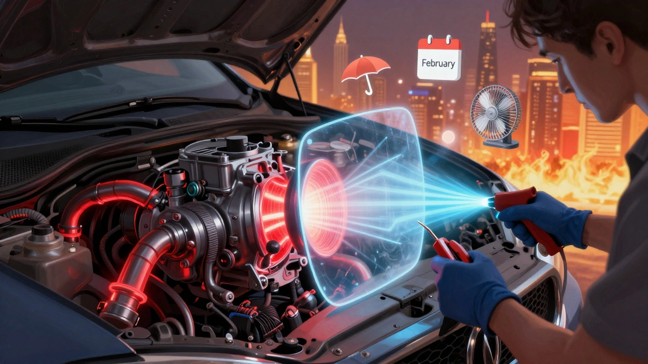 Car AC system visualized as stressed mechanical organism being restored by technician tools in Dubai.