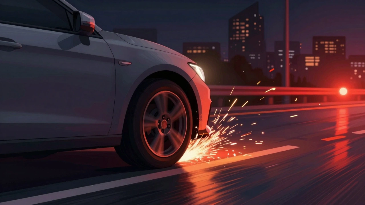 Car speeding on highway at night with tire separating from rim, sparks flying, dramatic lighting.