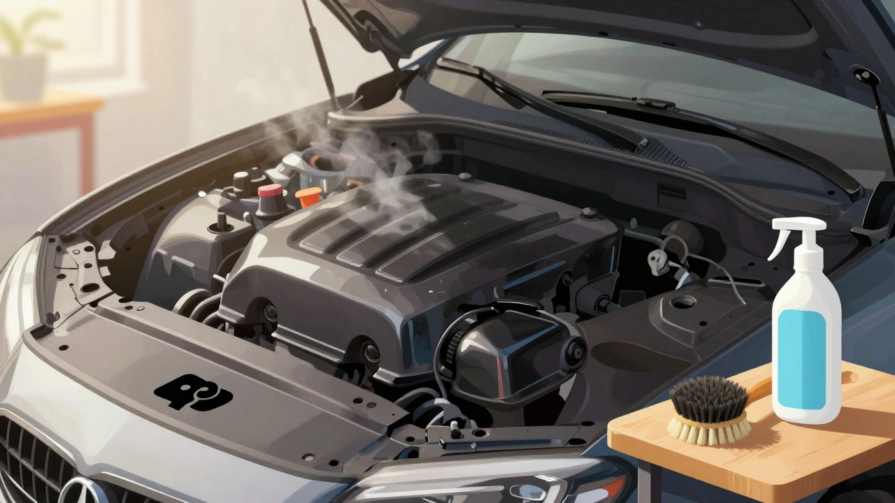 Clean engine bay with glossy surface and tools on workbench under natural sunlight.
