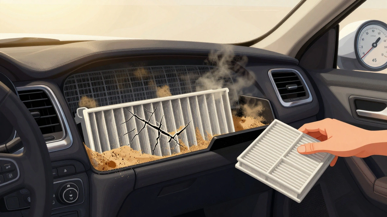 Clogged cabin air filter and dusty condenser in Dubai car, with moldy air rising from vents in summer heat.