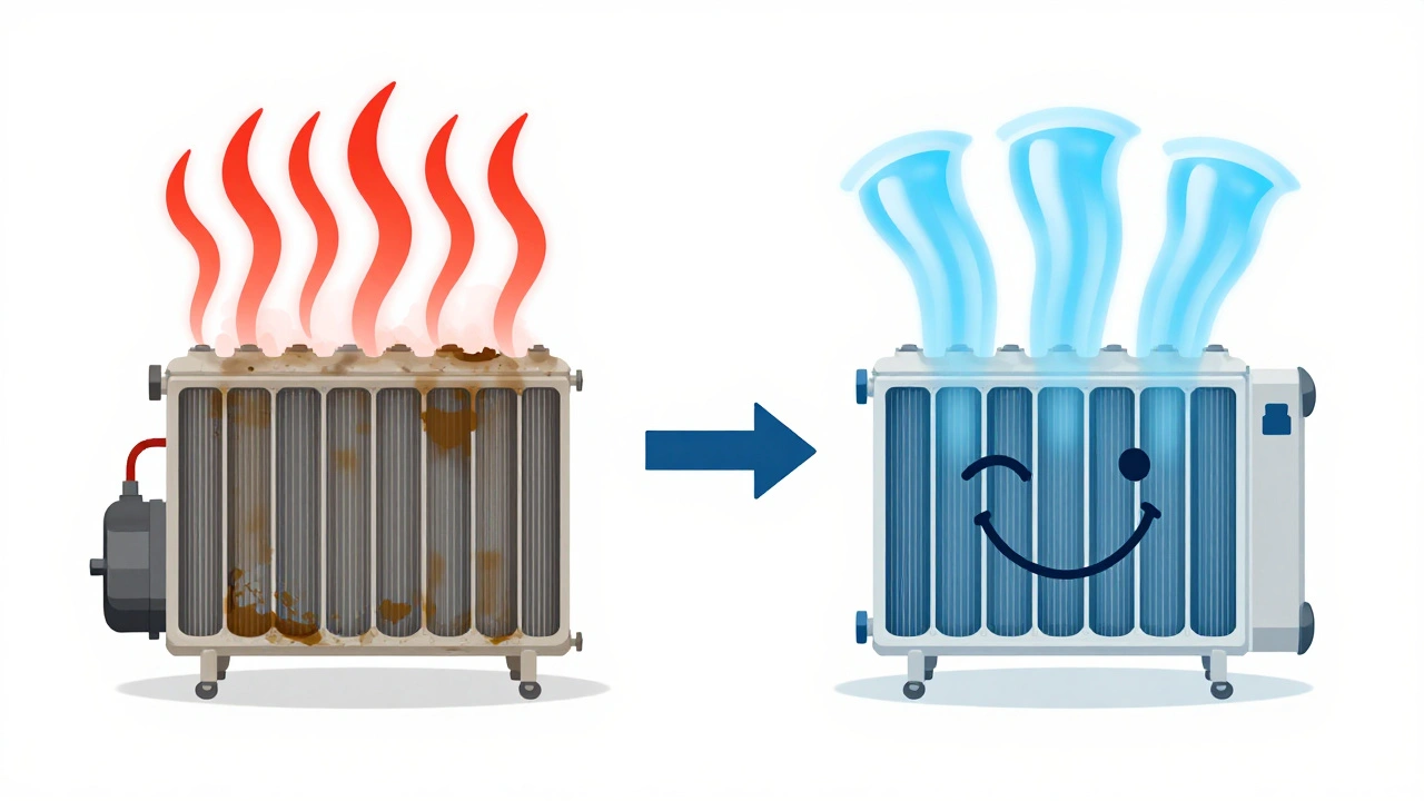 Conceptual before-and-after of dirty vs clean condenser showing restored cooling efficiency.
