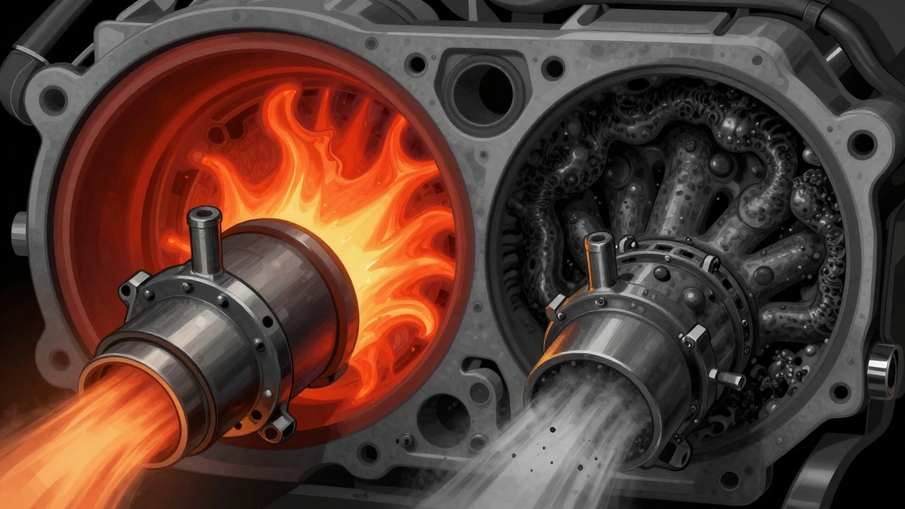 Cross-section of engine showing clean vs. clogged EGR gas flow with heat and soot contrast.