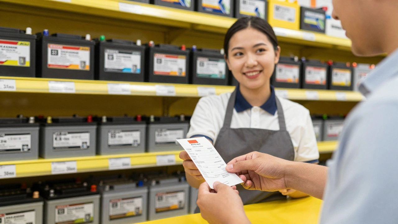 Customer receiving a new battery at an auto parts store with warranty labels visible.