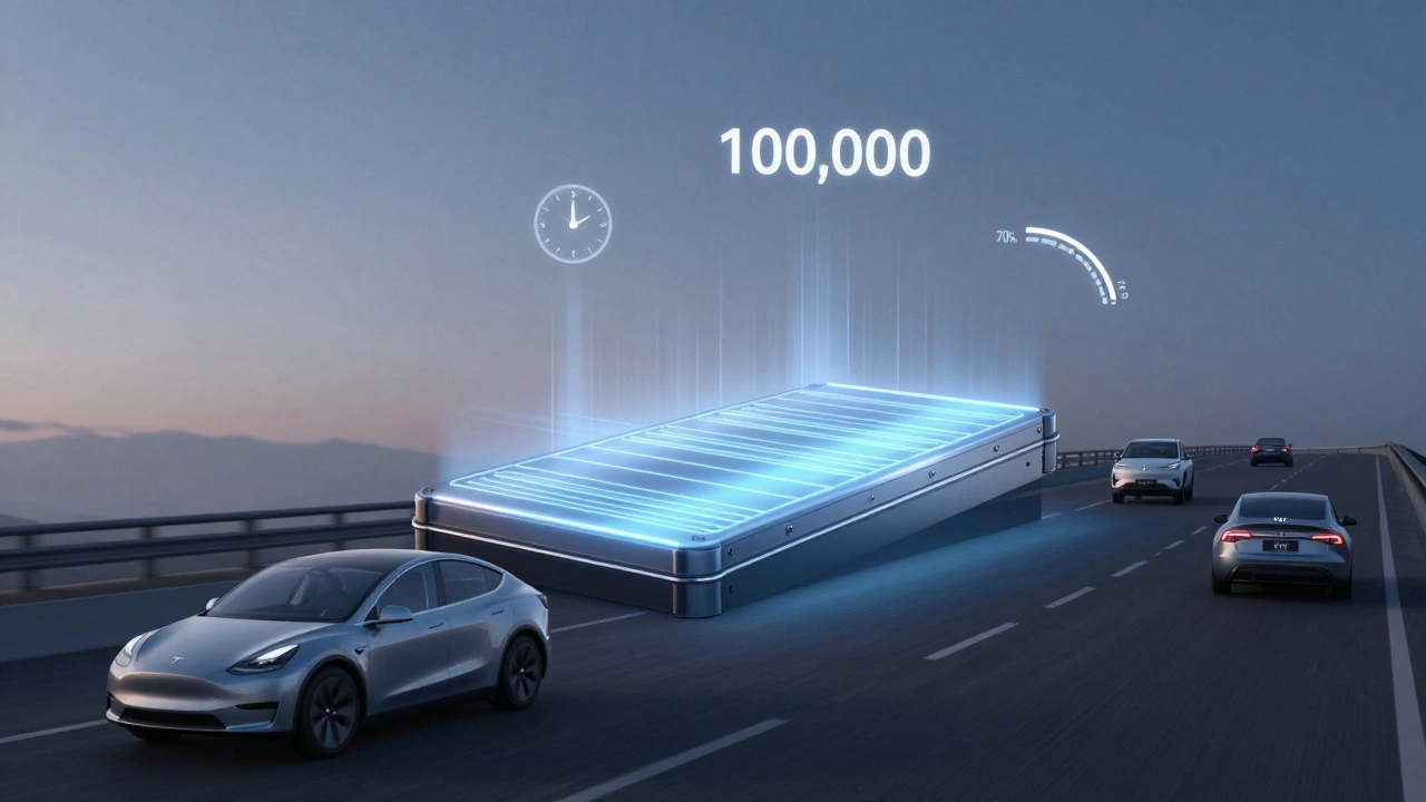 Electric vehicle battery with longevity icons showing 8 years and 70% capacity retention.