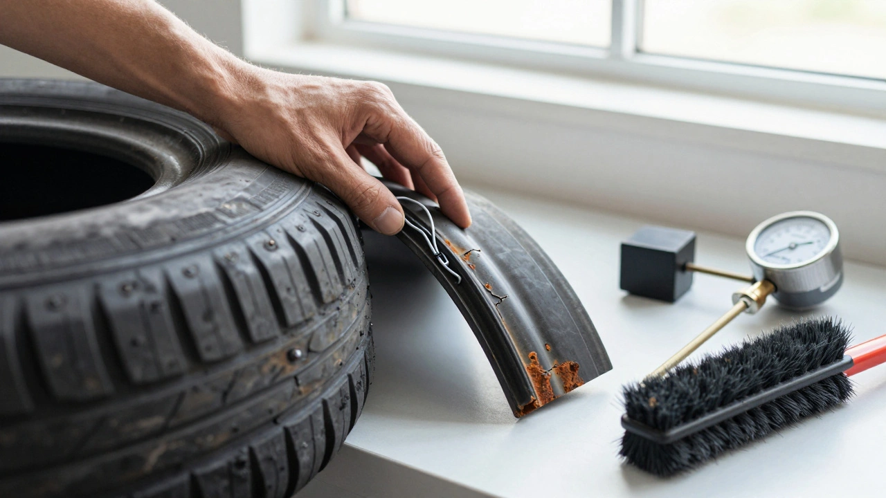 Hand comparing a healthy tire bead to a damaged one on a workbench with inspection tools.