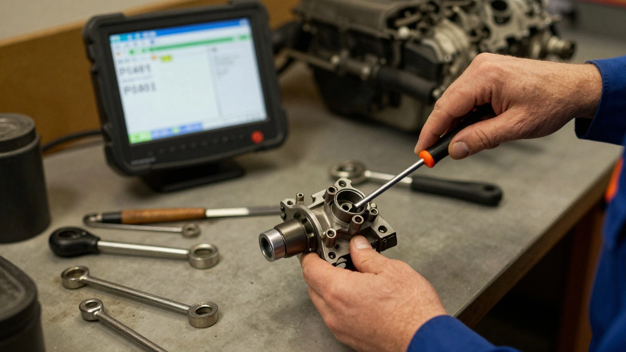 Mechanic tapping an EGR valve to free it, with diagnostic scanner in blurred background.