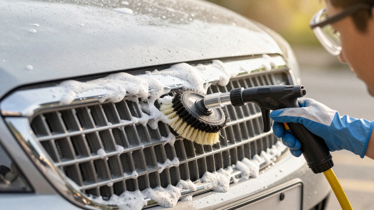 Person gently cleaning car AC condenser with garden hose and soft brush, wearing safety gear.