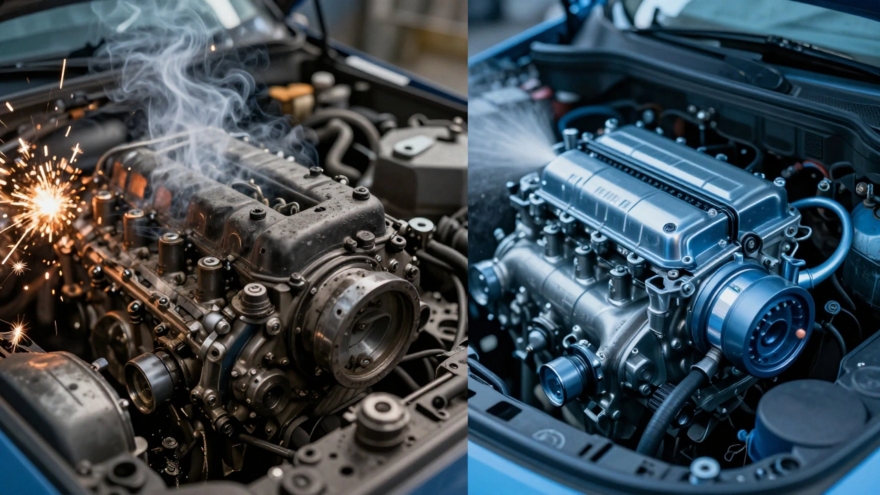 Split image: left shows fiery, dirty engine; right shows cool, clean engine with protective mist.