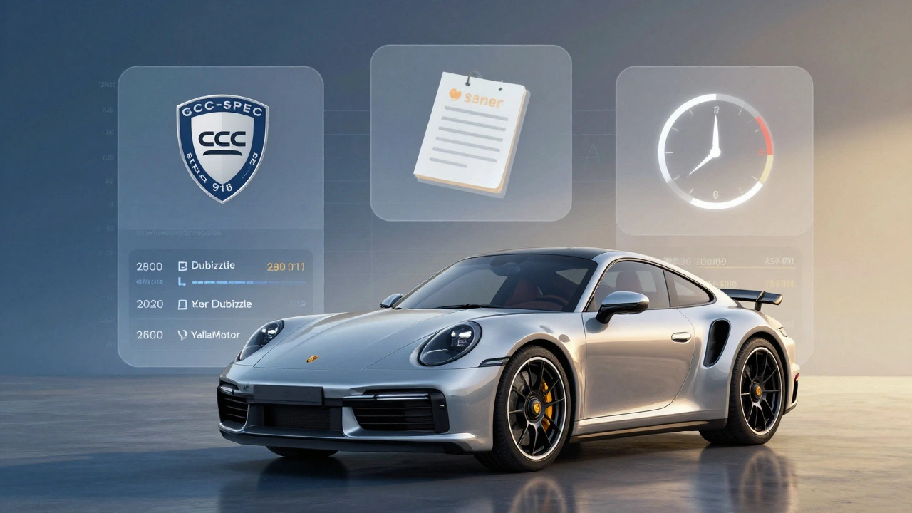 Three transparent overlays highlighting GCC-spec, service history, and low mileage on a Porsche 911 Turbo S beside live market price comparisons.