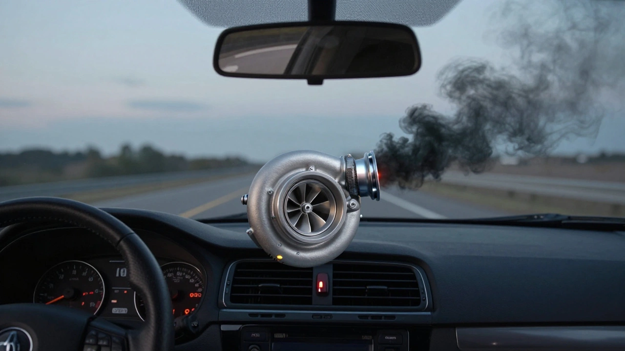 A car dashboard with check engine light on, black smoke from tailpipe, and internal turbo failure visible as overlay.