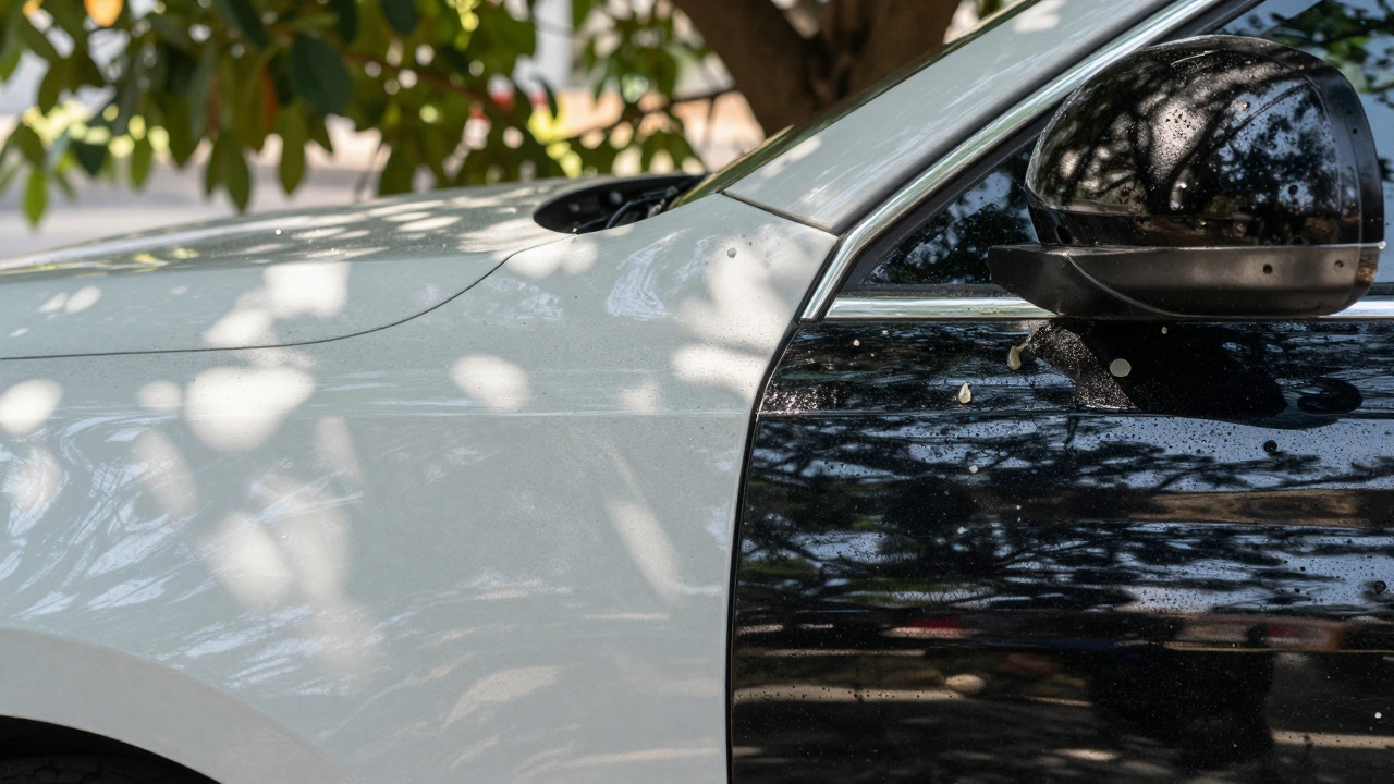 A ceramic-coated car showing contrasting areas: one pristine with beading water, another damaged by bird droppings and tree sap.