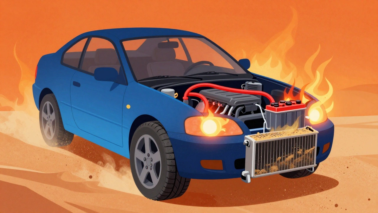 A conceptual view of a car's overheating systems—cracked tire, corroded battery, and clogged AC condenser in thermal haze.