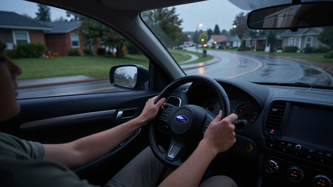 A driver gently accelerating a tuned Subaru WRX on a rainy road at night, interior quiet and controls calm.