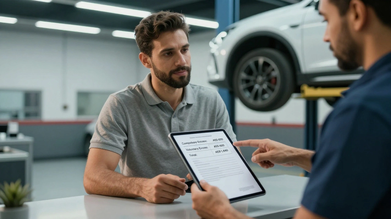 A driver in a UAE garage reviewing insurance excess details with a technician on a tablet.
