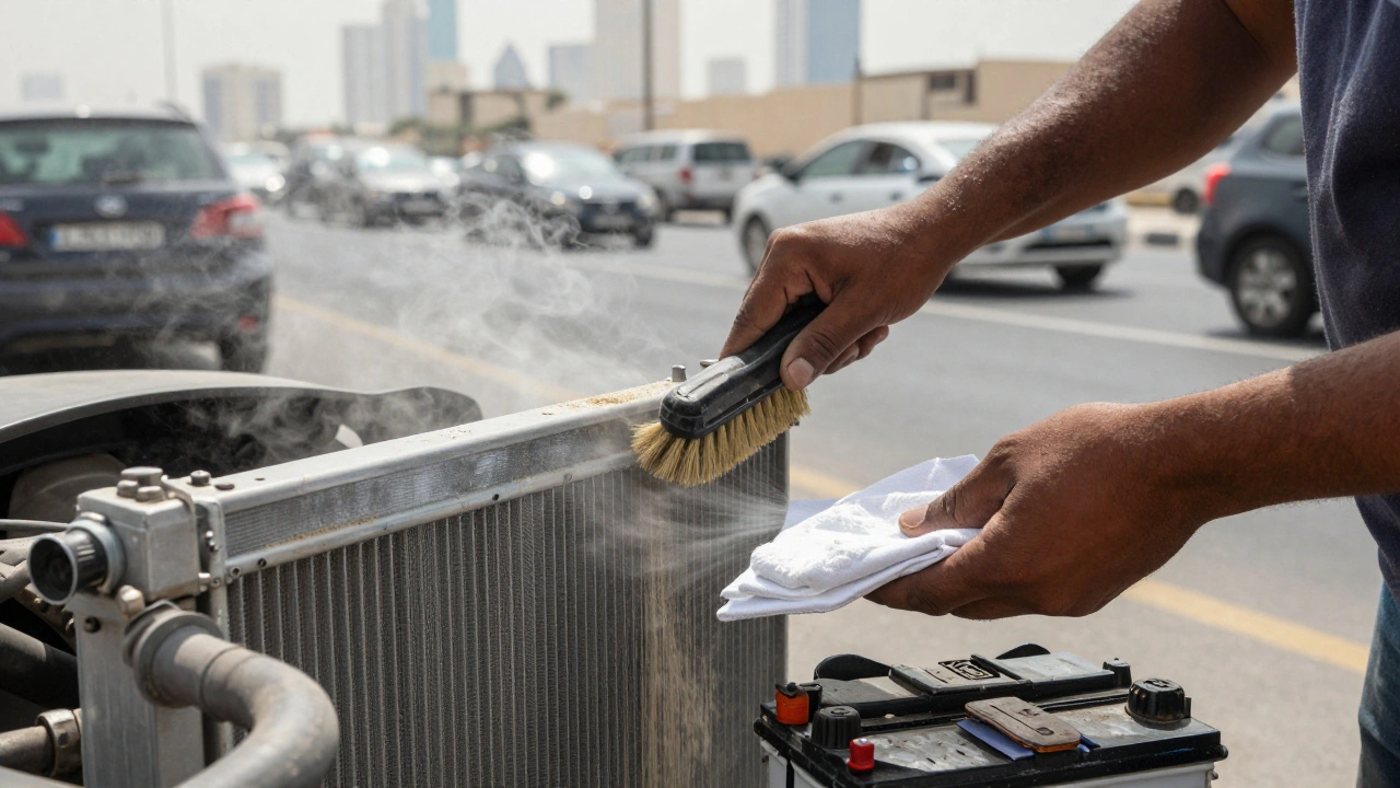 A mechanic cleaning radiator fins with a soft brush while sand falls away, heat distortion visible on the road.