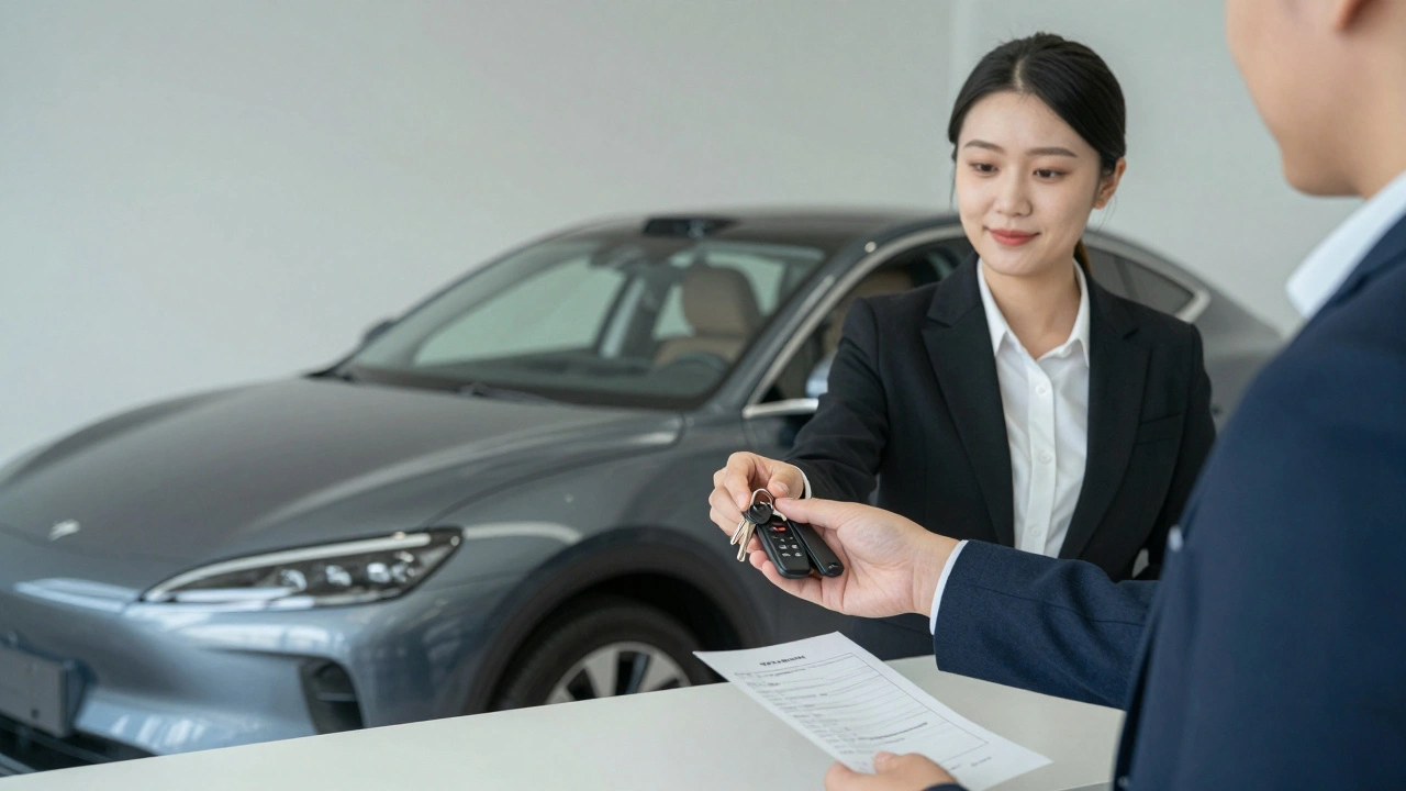 A person returning car keys and chargers to a leasing agent with a signed receipt.