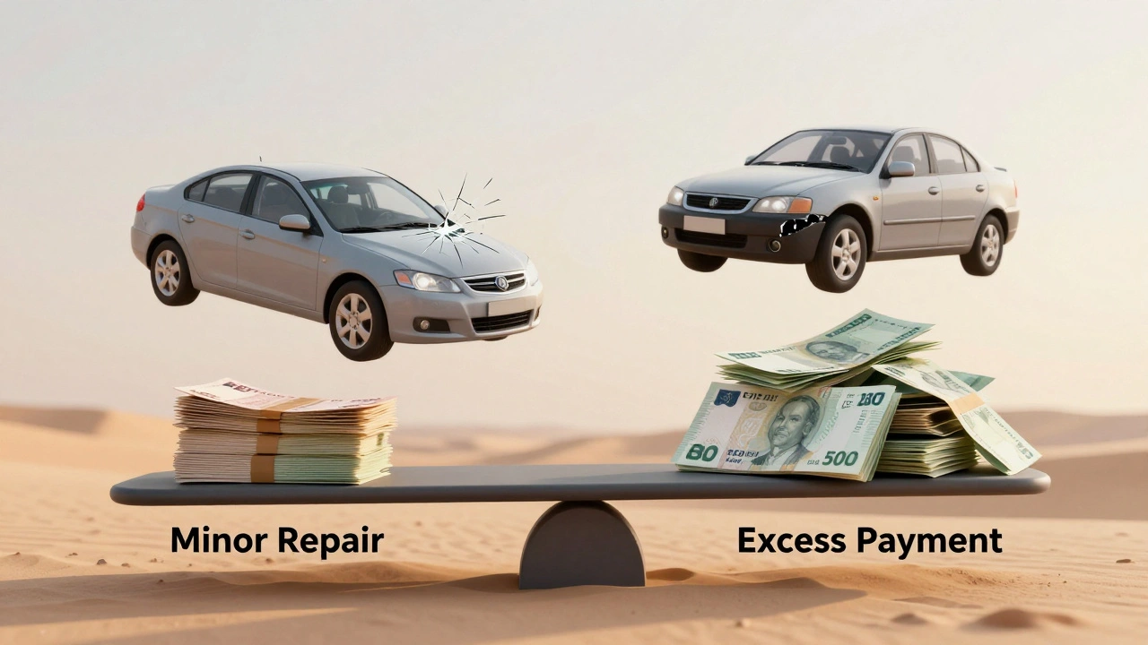 A symbolic scale comparing repair cost versus insurance excess payment, with car damage elements floating above.