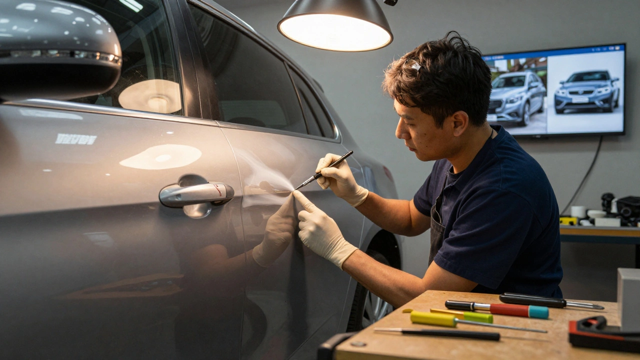 A technician performing a precise paint touch-up on a car door at an independent shop.