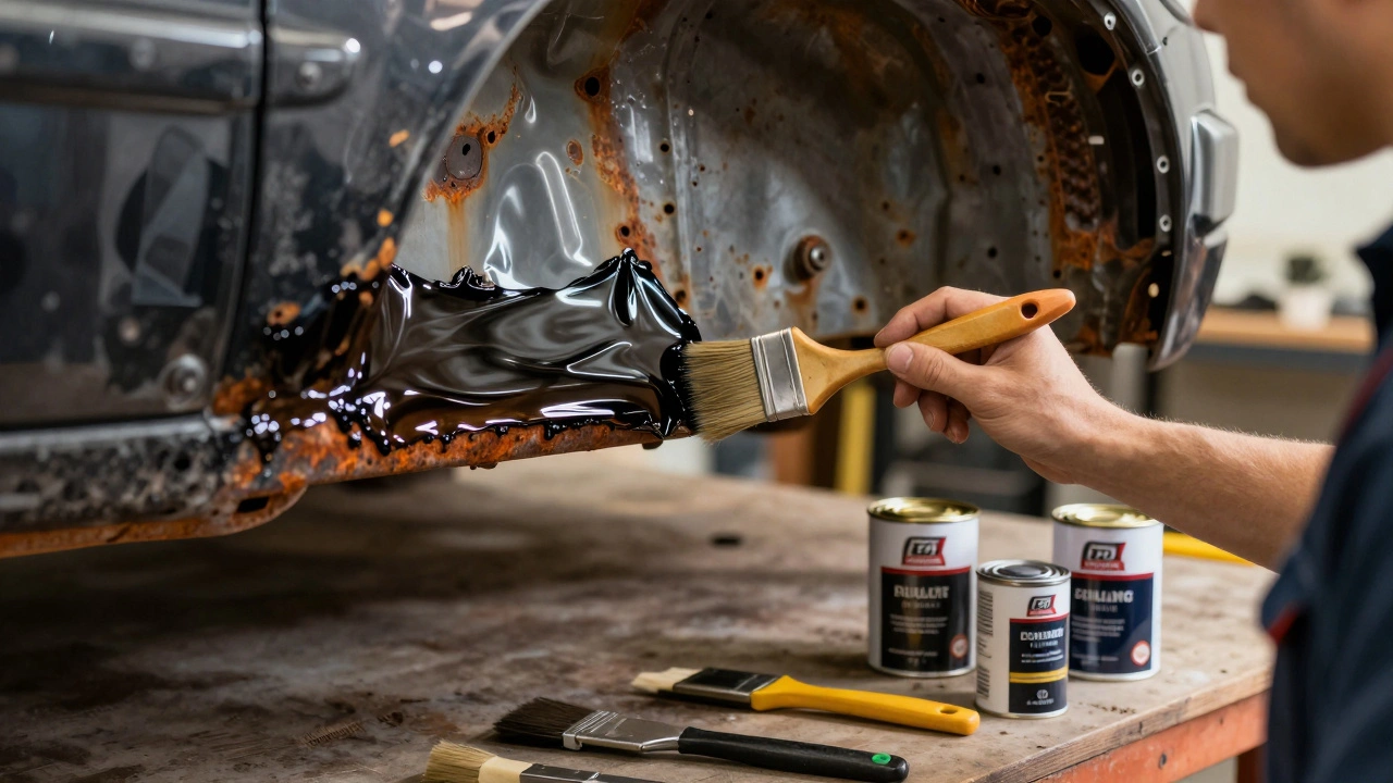 Applying rust treatment coating to a car's undercarriage with a brush.