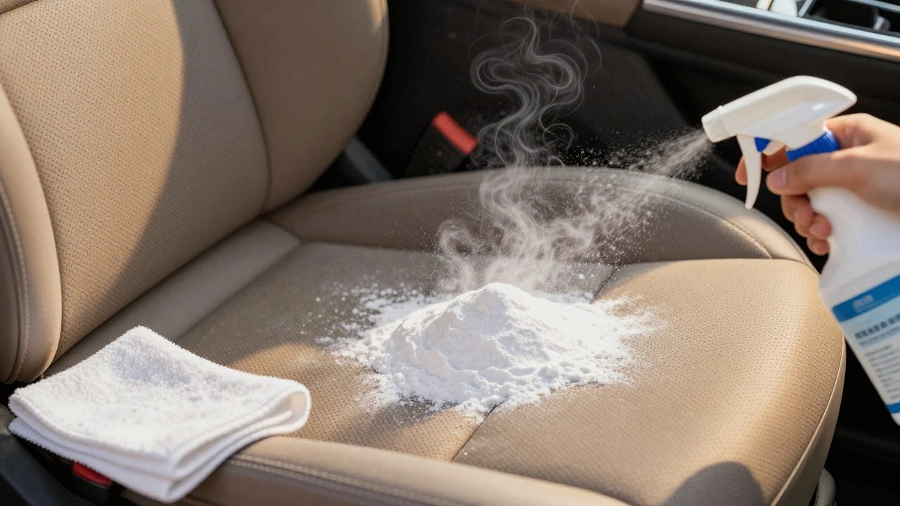 Baking soda absorbing odor molecules from car upholstery under soft light.