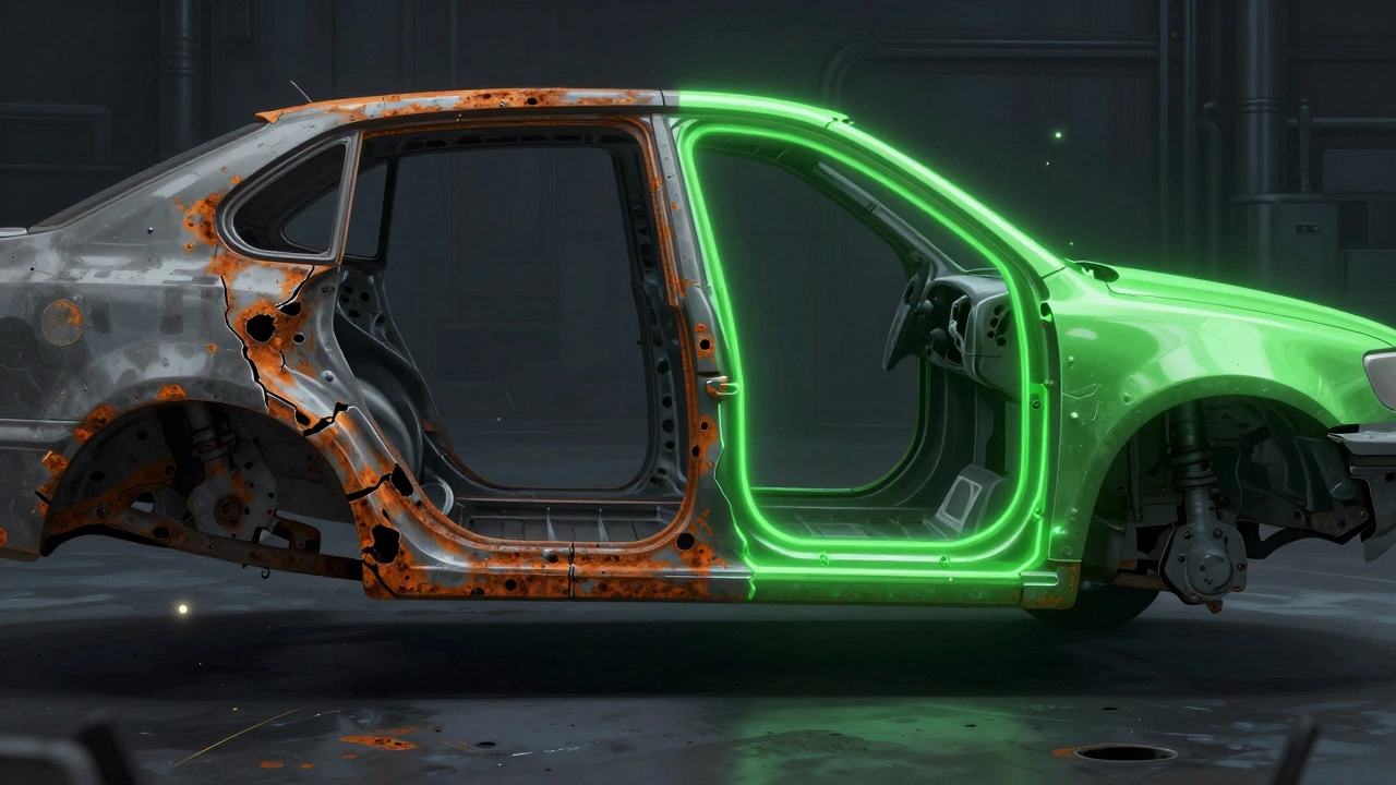 Before-and-after view of rust damage sealed with protective coating on frame rail.