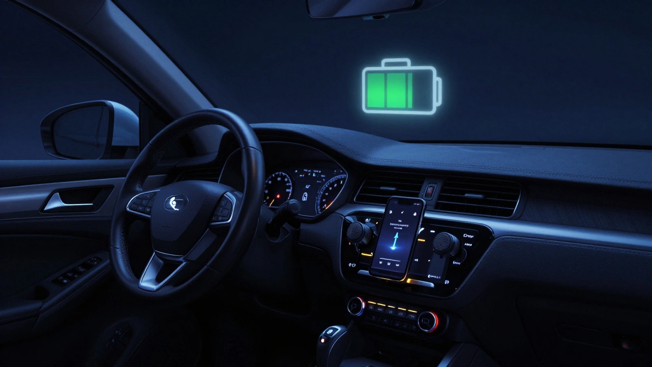 Car interior with accessories on while engine is off, battery icon fading as power drains.