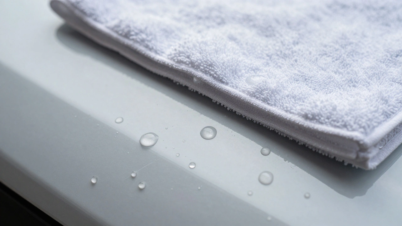 Close-up of water droplets beading perfectly on a ceramic-coated car surface, dried with a microfiber towel.