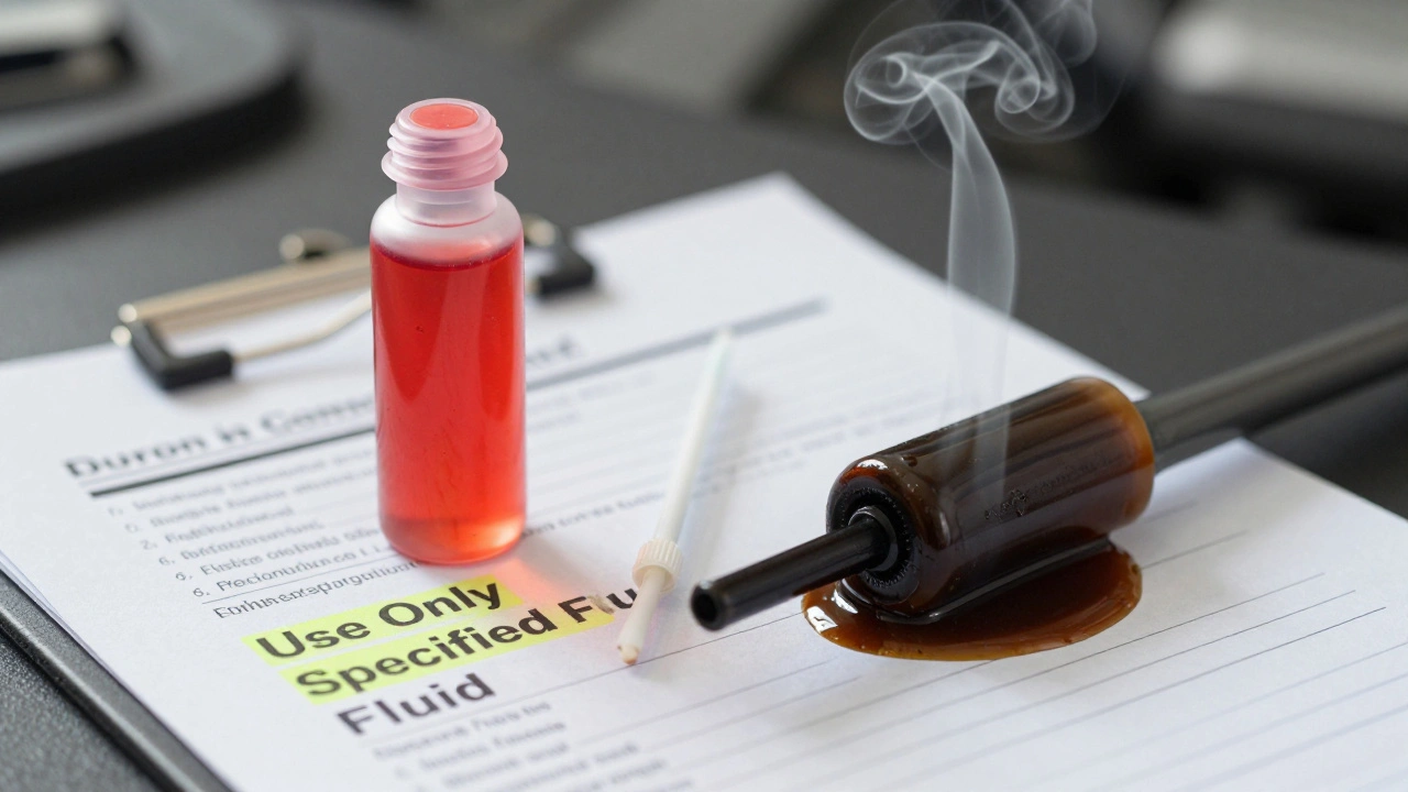 Contrasting transmission fluid samples: clean bright red fluid versus degraded dark fluid, with owner's manual visible.