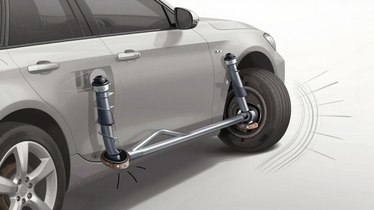 Cross-section of a car's sway bar system showing how intact bushings absorb movement versus worn ones causing metal impact.