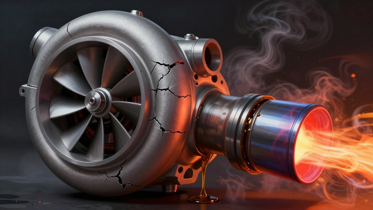 Cross-section of a damaged turbocharger with cracked blades and leaking oil under intense heat.