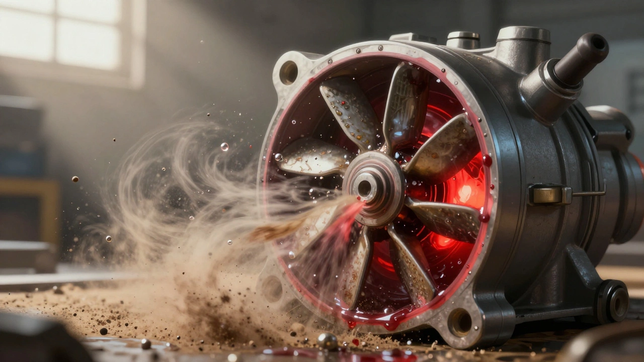 Cross-section of a failing power steering pump with air bubbles and metal particles.