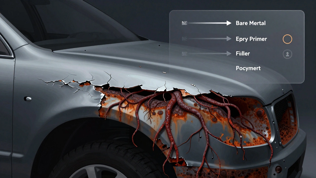 Cross-section of car panel showing rust spreading under cracked filler, with proper repair layers overlaid.