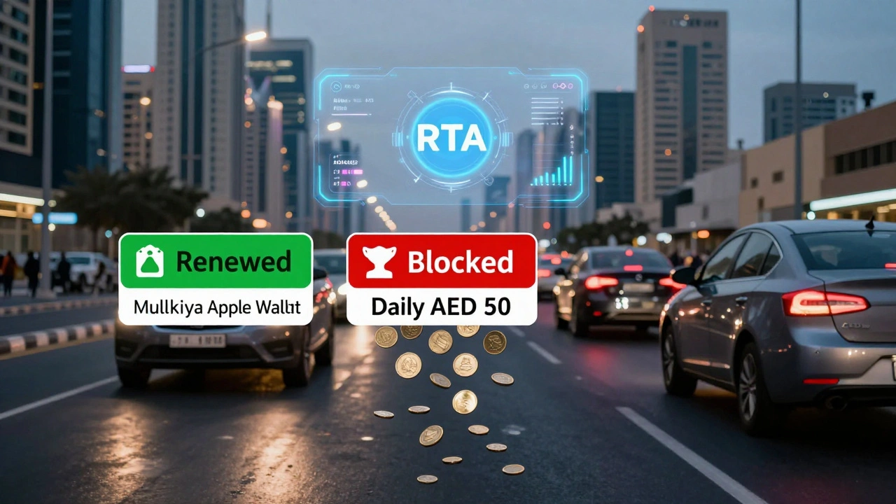 Digital dashboard showing a car with renewed registration versus blocked status with accumulating fines in Dubai cityscape.