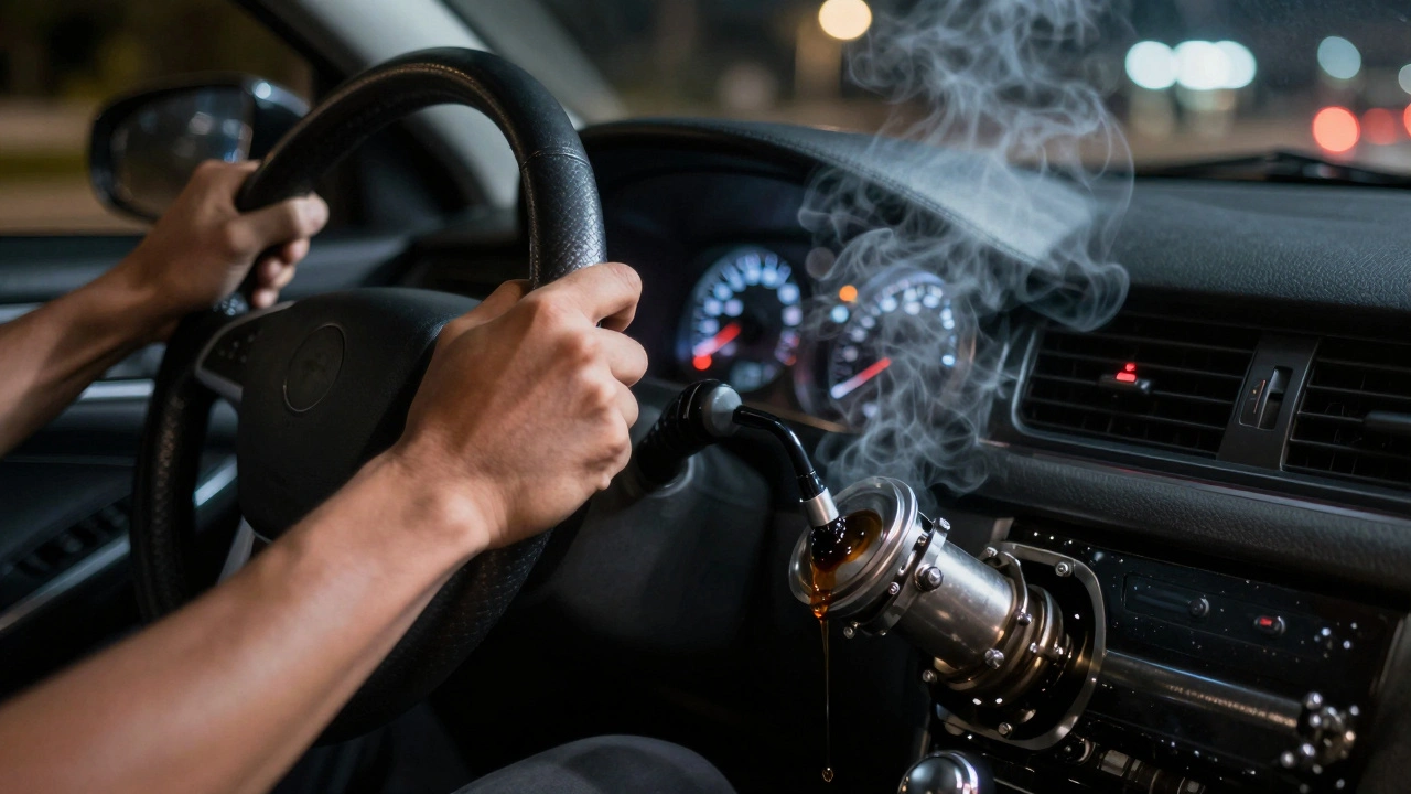 Driver struggling with stiff steering wheel as oil leaks onto hot engine parts.