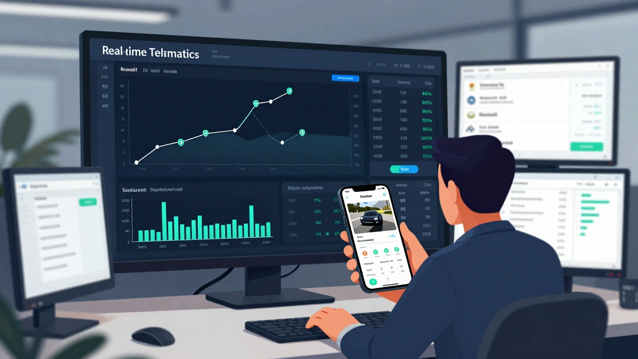 Fleet manager reviewing real-time telematics and claim data on a digital dashboard.