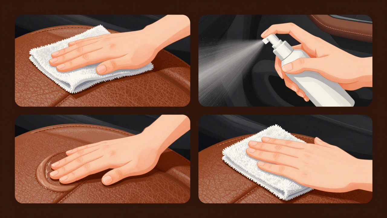 Four-step process of cleaning, treating, conditioning, and protecting leather car seats.