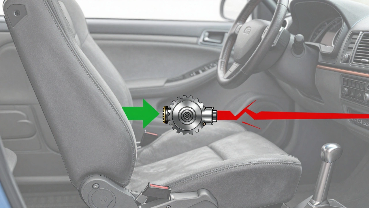 GM power seat worm gear misalignment with synchronized vs unsynchronized movement arrows.