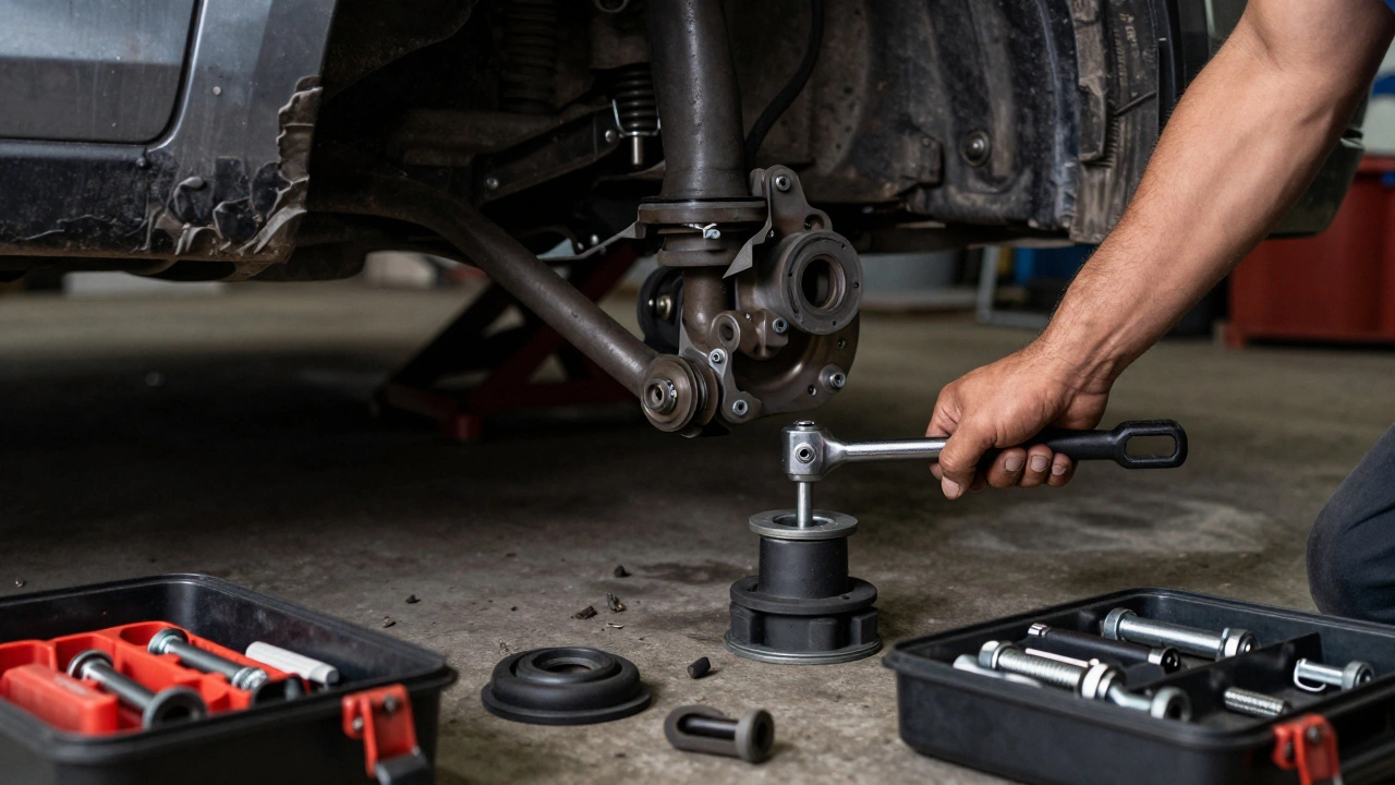 Mechanic installing new polyurethane bushings on a sway bar with tools and old parts visible in a dim garage.