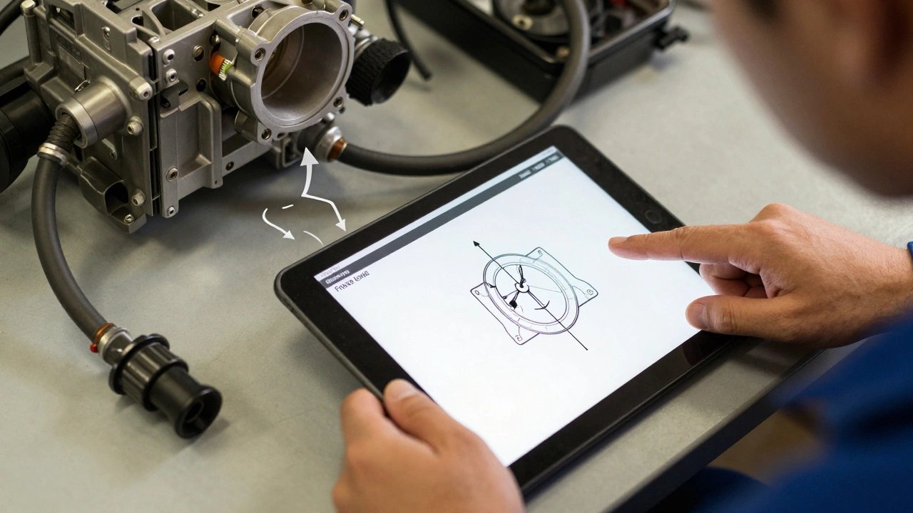 Mechanic pointing at tablet displaying freeze frame data while a cracked vacuum line is illustrated.