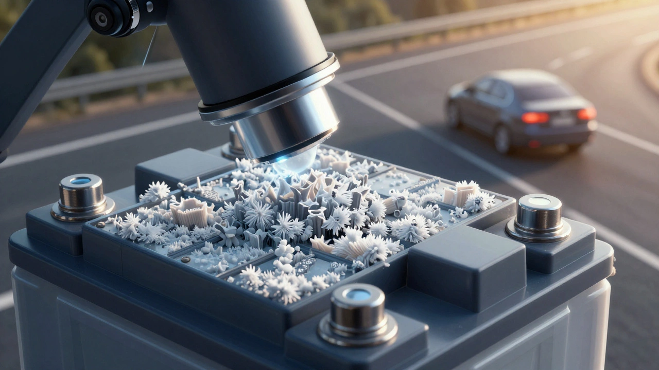 Microscopic view of battery sulfation crystals with highway in background, symbolizing recharge through long drives.