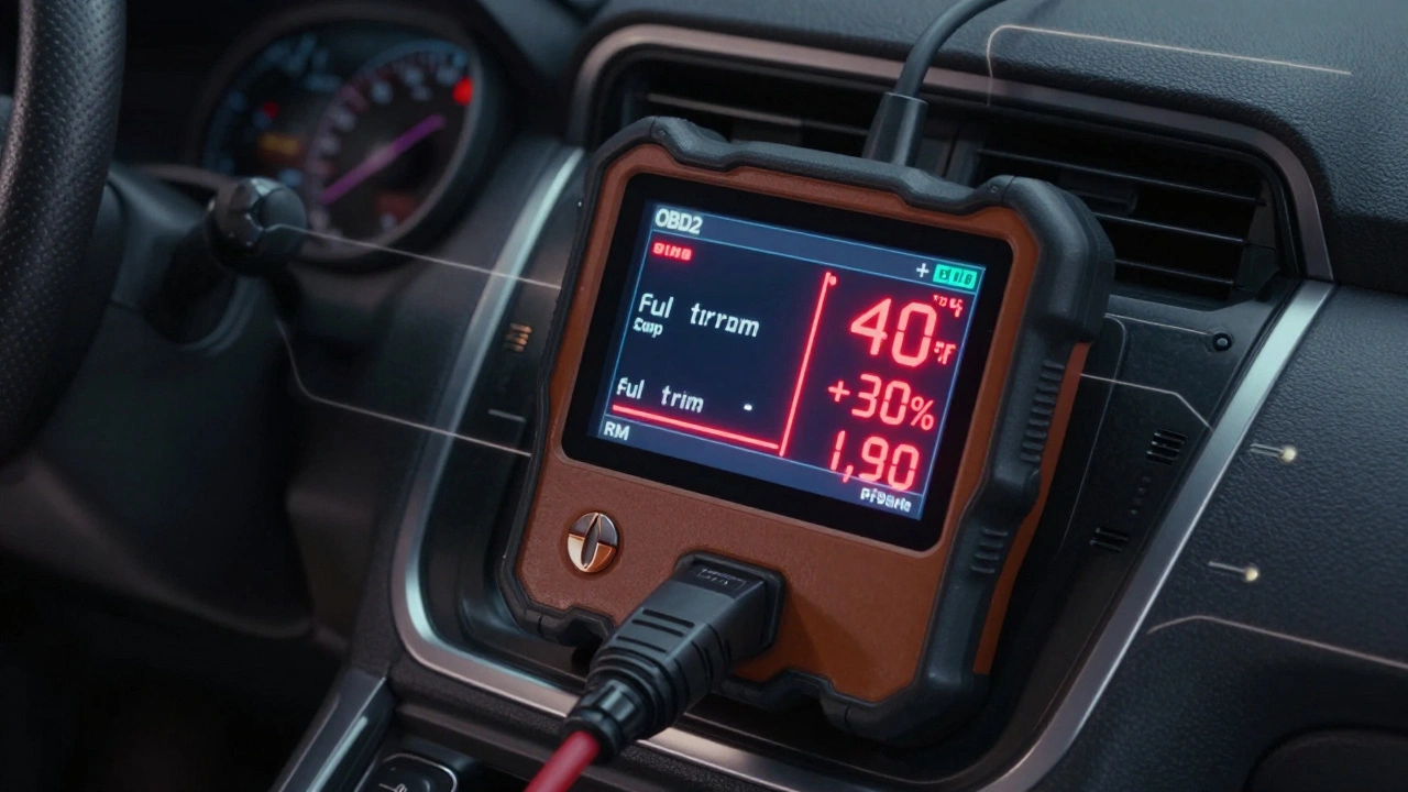 OBD2 scanner screen showing freeze frame data with red-highlighted out-of-range values.