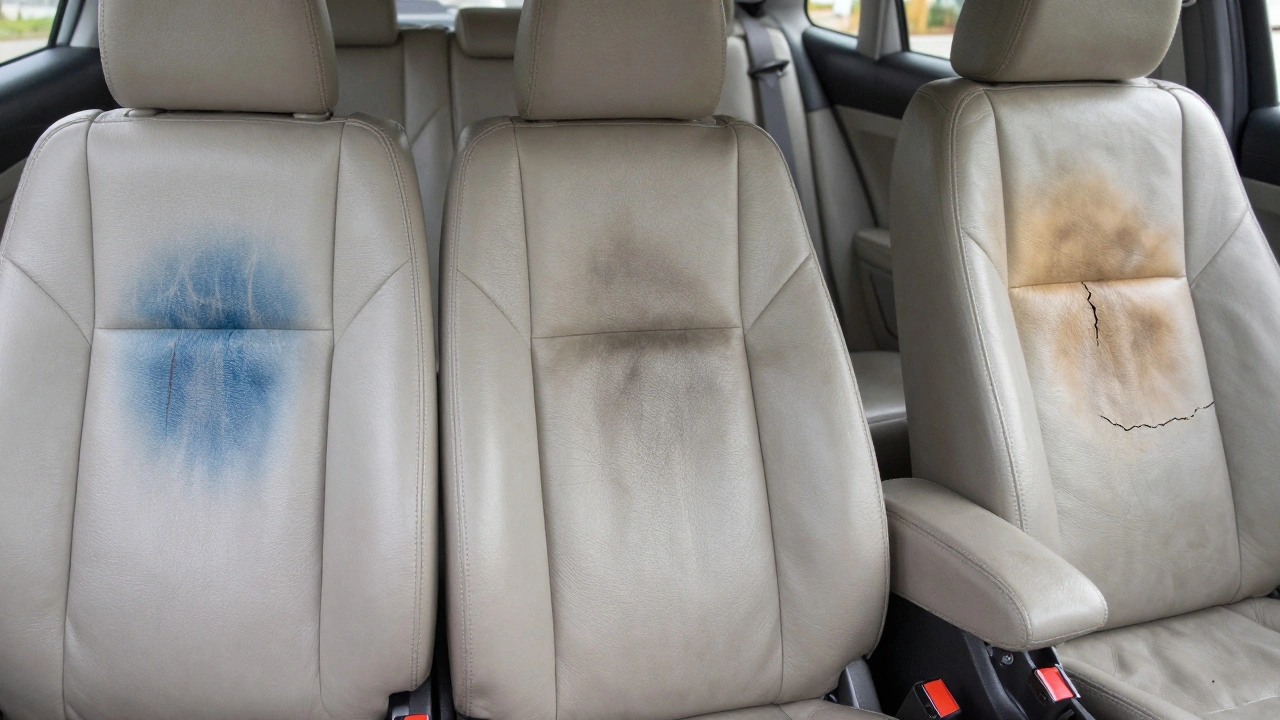 Progression of leather damage from dye transfer to cracking due to improper cleaning.