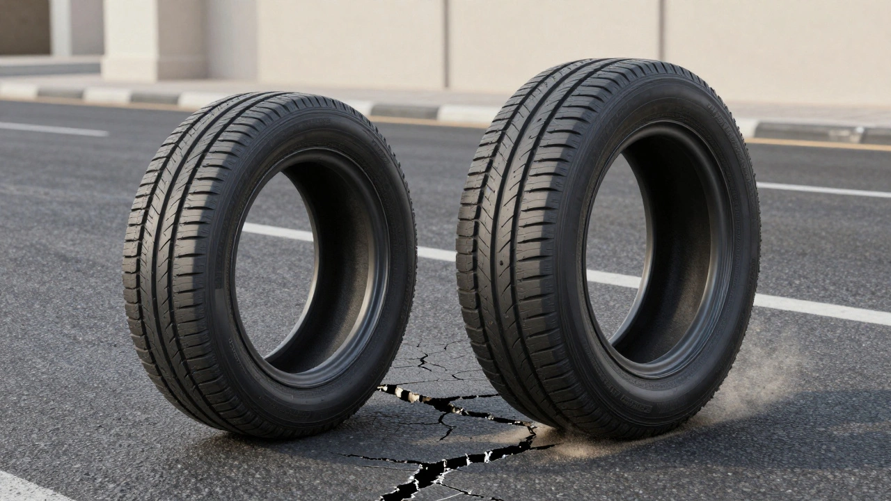 Side-by-side comparison of low-profile and taller tires crossing a road crack, showing different levels of impact.