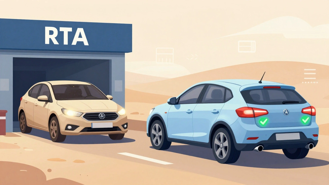 Split illustration comparing an imported car failing inspection versus passing after compliance checks.