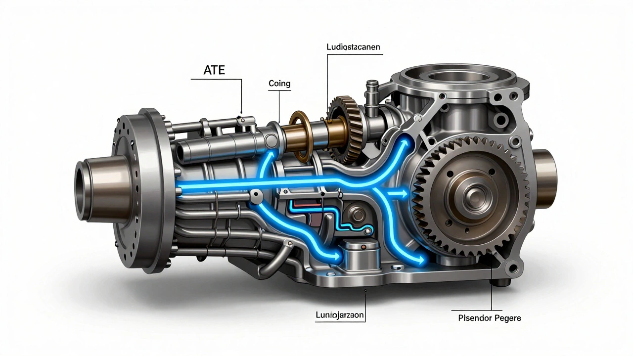 Technical diagram showing how automatic transmission fluid lubricates, cools, and creates hydraulic pressure in gears.