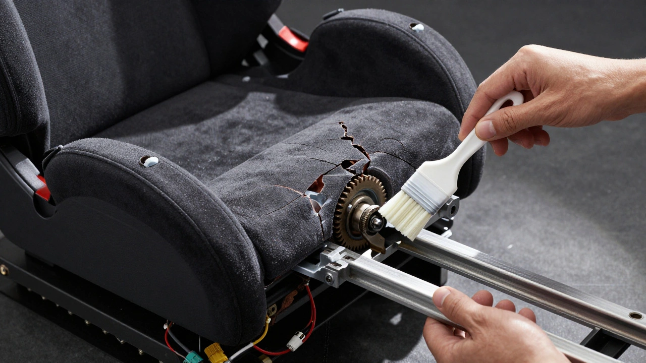 Upside-down power seat showing cracked gear blocks and applied white lithium grease on rails.