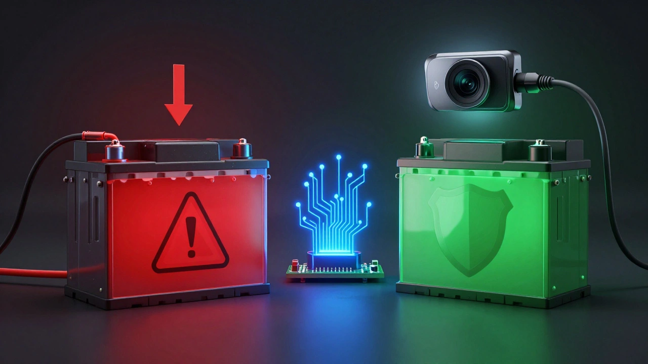 A car battery being protected by an external power pack and low-voltage cutoff sensor, symbolizing smart energy management.